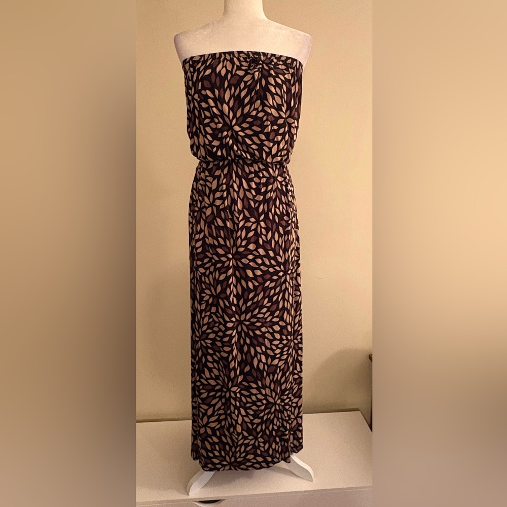 Strapless Printed Maxi Dress in Brown and Tan